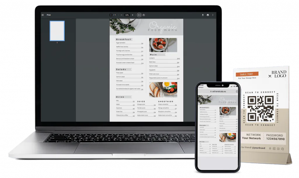 Carta digital de restaurante en portátil y móvil, junto a un expositor de mesa con código QR para abrirla