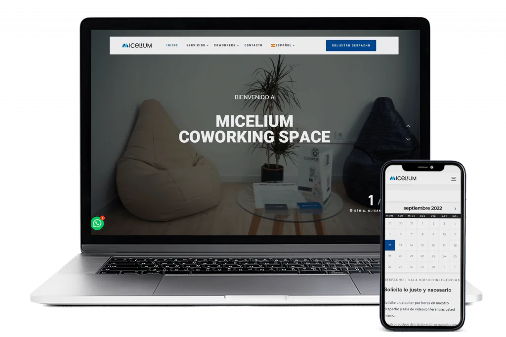 Web corporativa del coworking Micelium en portátil y móvil, con la portada de bienvenida y un calendario de reservas