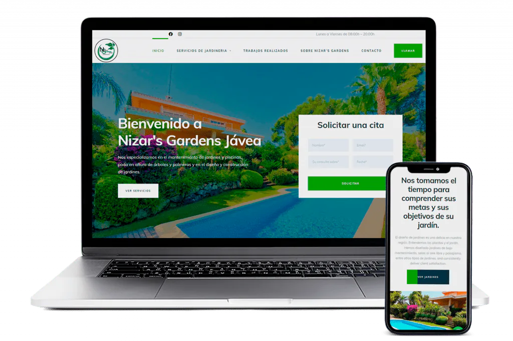 Landing page de Nizar's Gardens, empresa de jardinería, en portátil y móvil con formulario para solicitar cita