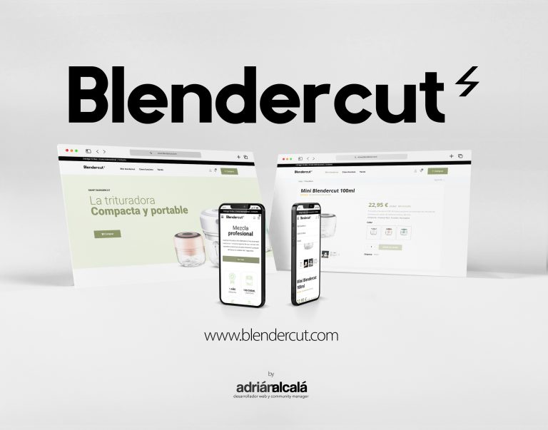 Tienda online de un solo producto Blendercut en ordenador y móvil: portada y ficha de la trituradora