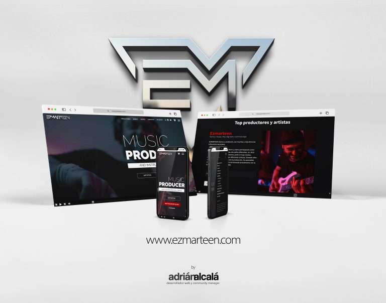 Ezmarteen online music store on computer and mobile, with its metallic logo and a dark background design.