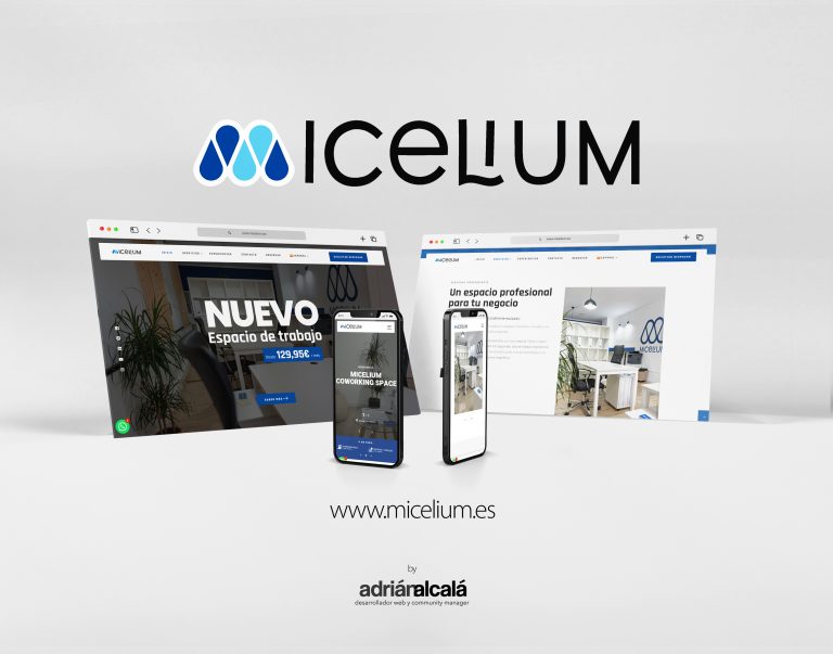 Web corporativa del coworking Micelium en ordenador y móvil: portada con el precio del puesto y página de despachos