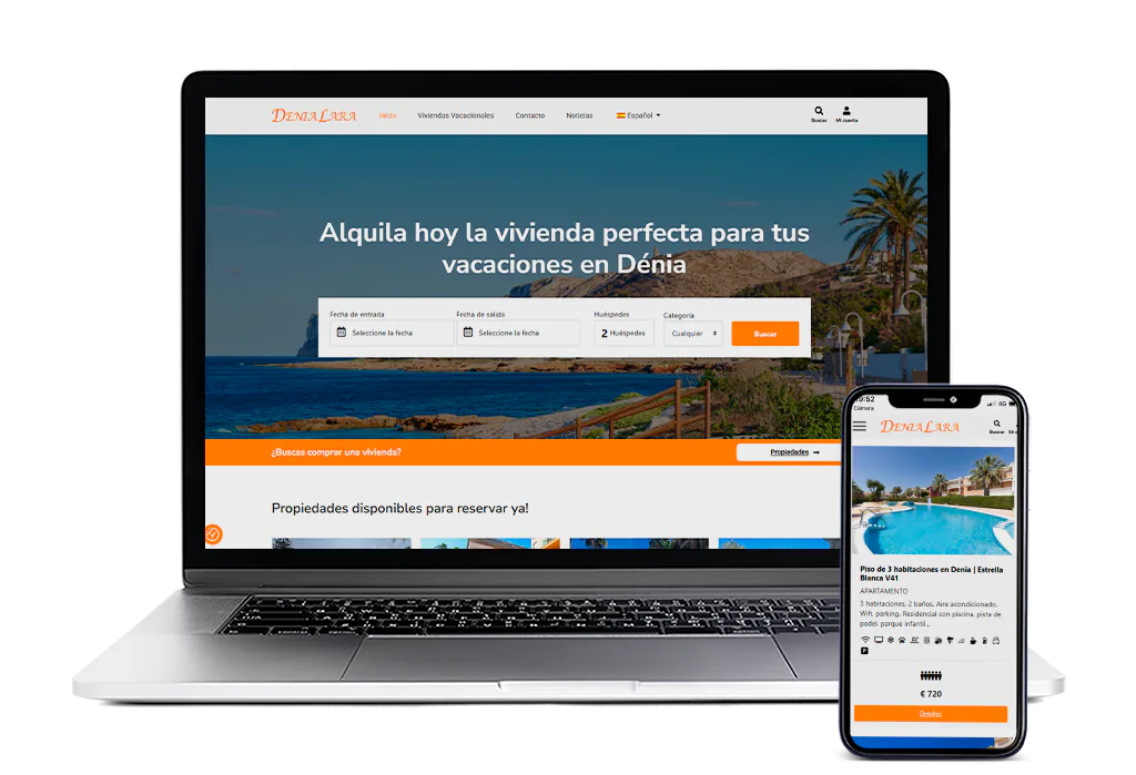 Web de alquiler vacacional DeniaLara en portátil y móvil, con buscador por fechas y ficha de un apartamento