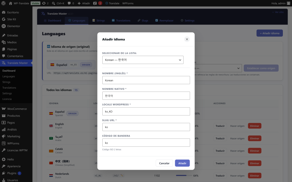Ventana de WP Translate para añadir un idioma nuevo con su nombre nativo, el locale de WordPress y el slug de la URL