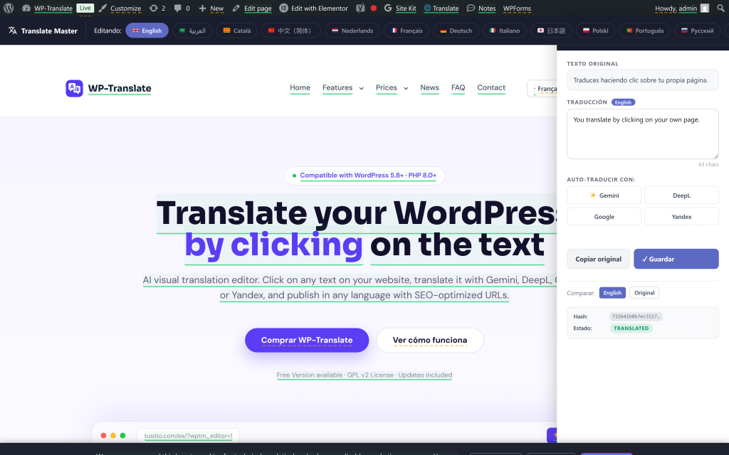 Editor visual de WP Translate abierto sobre la web real, con el panel lateral para traducir el texto en el que se ha hecho clic