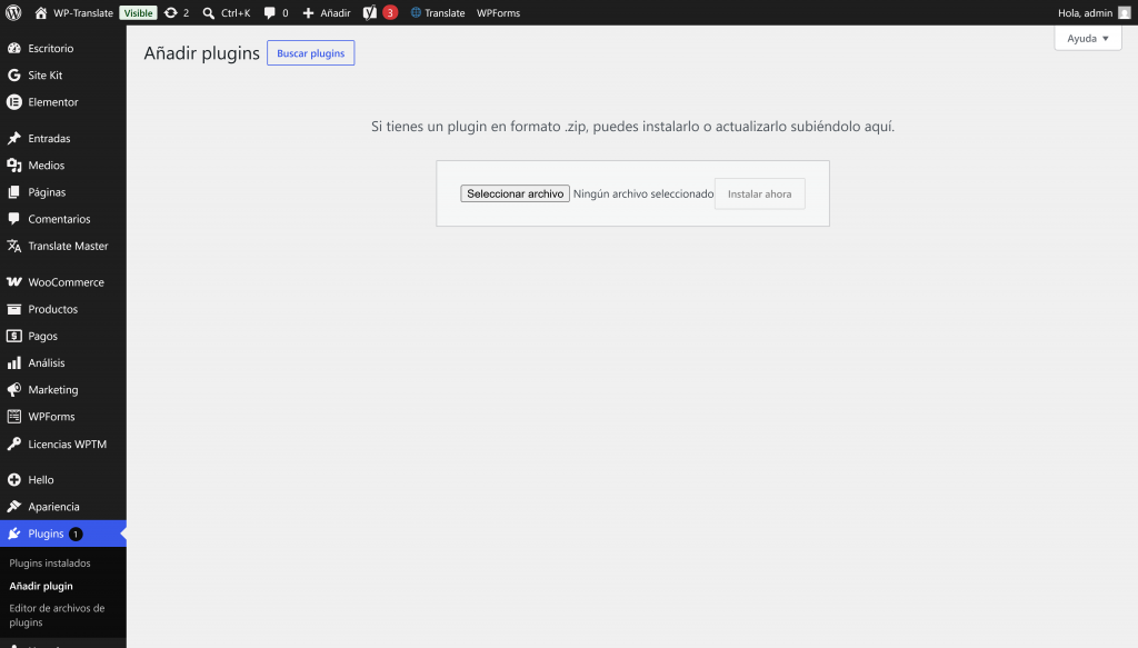 Pantalla de WordPress para subir el archivo zip del plugin WP Translate