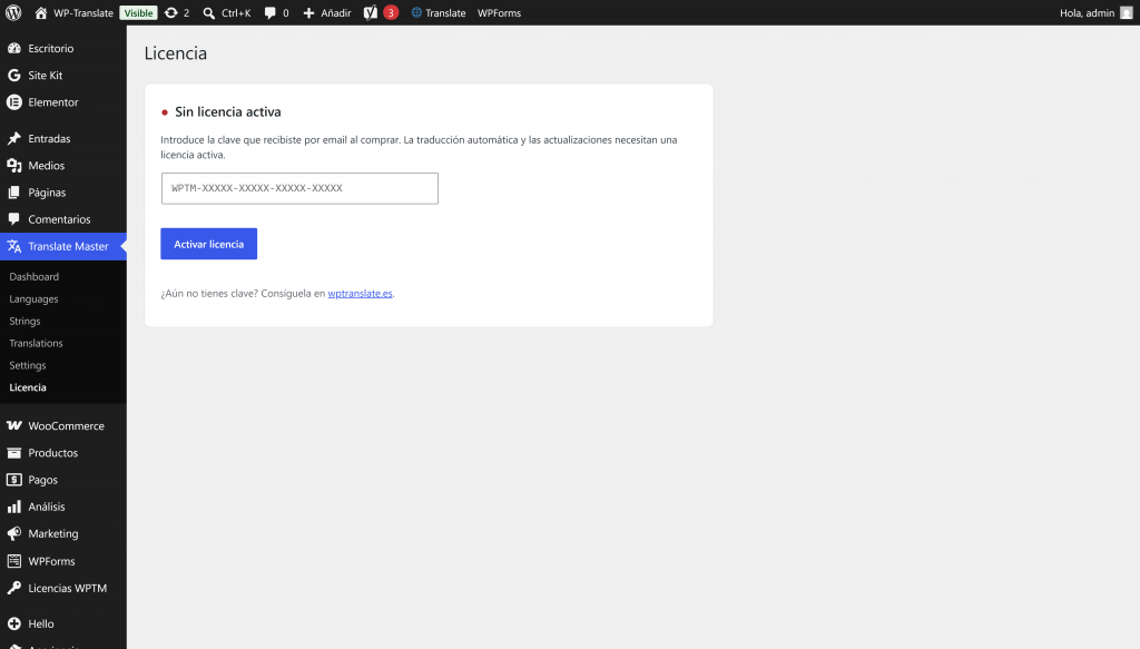 Pantalla de licencia de WP Translate con el campo para pegar la clave y el botón de activar