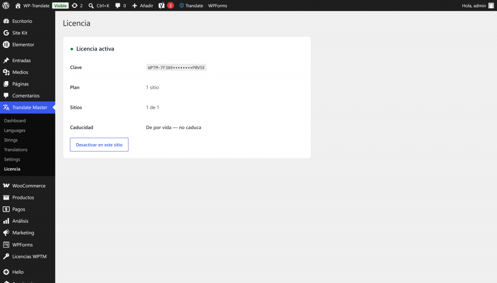 Pantalla de WP Translate confirmando que la licencia está activa