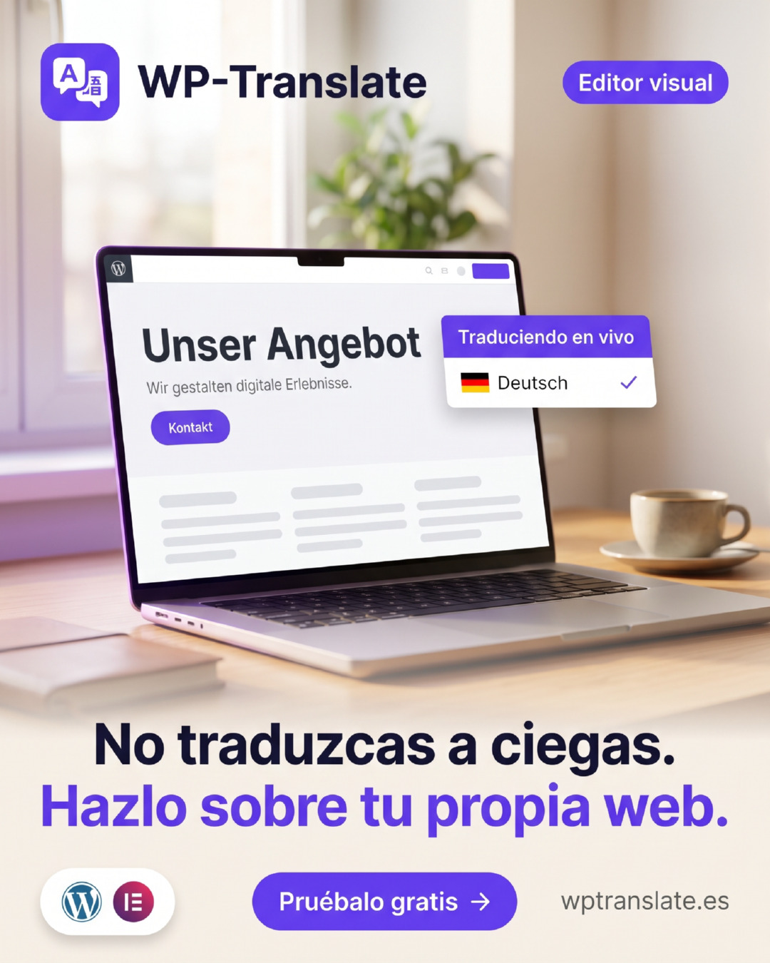 Editor visual de WP-Translate traduciendo una web de WordPress en vivo al alemán