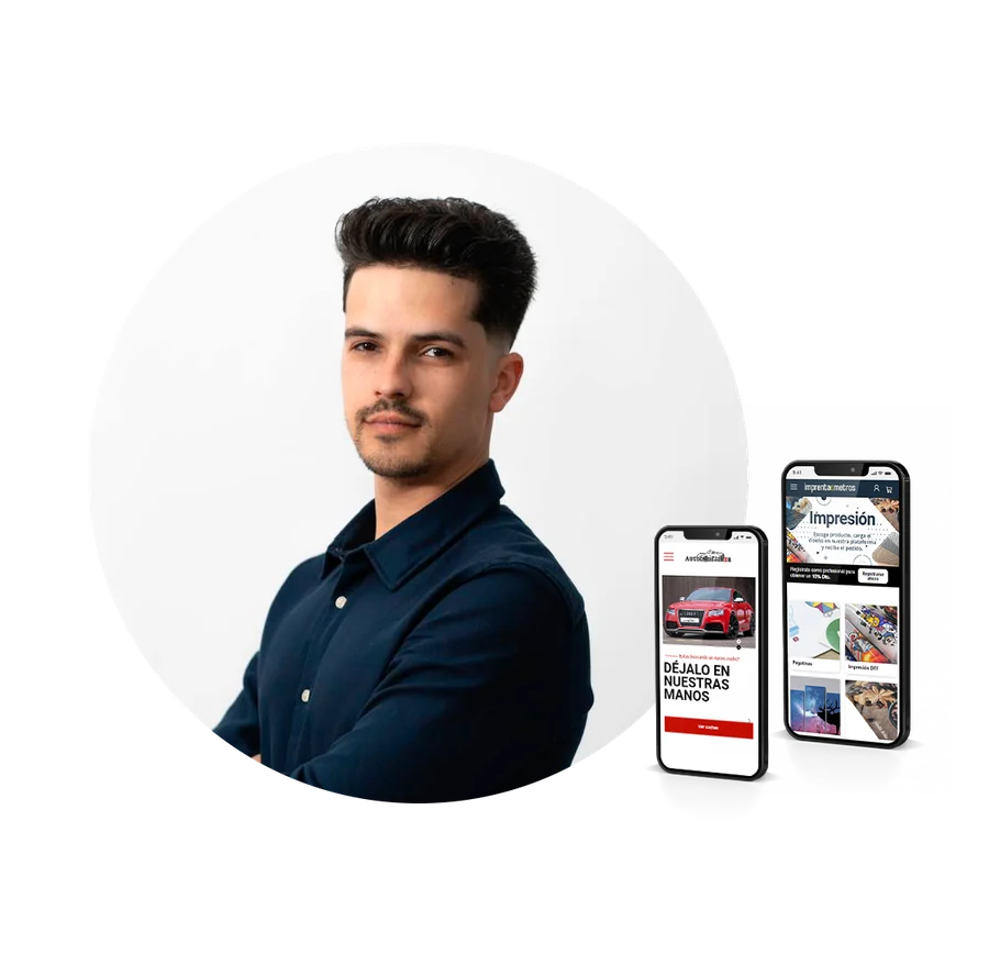 Adrián Alcalá with two of his websites on his mobile: the person who attends the web design and SEO meeting