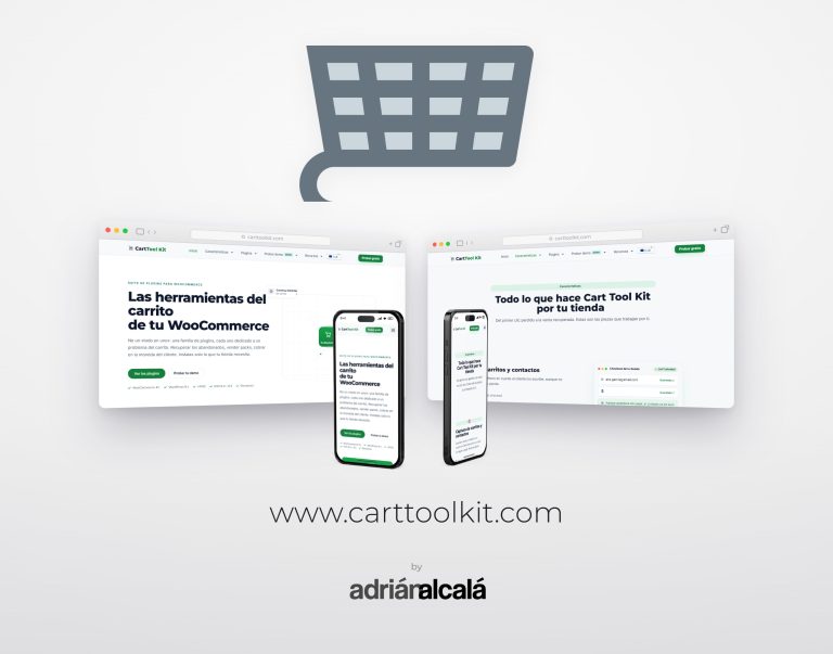 Diseño web de carttoolkit.com: dos pantallas de escritorio y dos móviles con la tienda de plugins