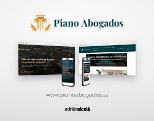 Diseño web de pianoabogados.es: dos pantallas de escritorio y dos móviles con la web del despacho