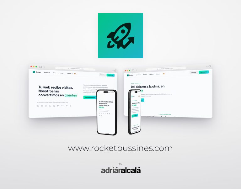 Diseño web de rocketbussines.com: dos pantallas de escritorio y dos móviles con la web de servicios