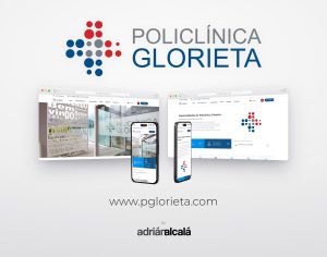 Diseño web de Policlínica Glorieta: dos pantallas de escritorio y dos móviles con la web de la clínica
