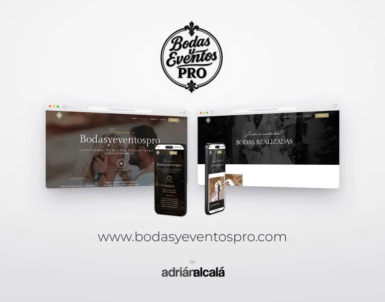 Diseño web de bodasyeventospro.com: dos pantallas de escritorio y dos móviles con la web del estudio