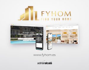 Diseño web de fyhom.es: dos pantallas de escritorio y dos móviles con el portal inmobiliario