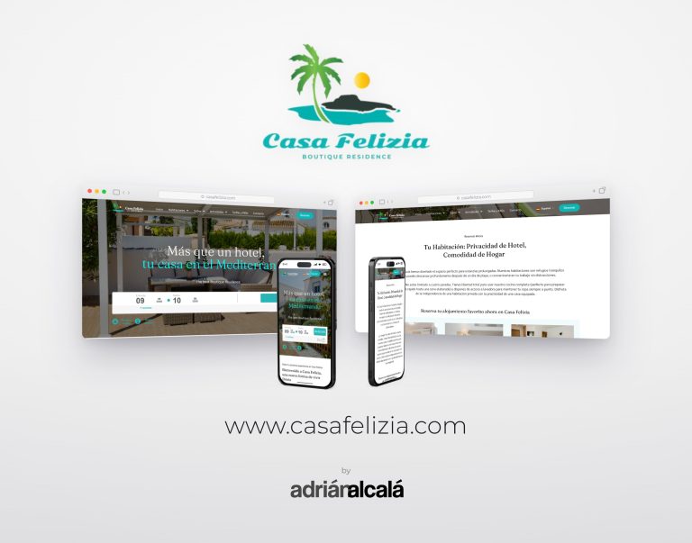 Webdesign von casafelizia.com: zwei Desktop-Bildschirme und zwei Mobilgeräte mit der Webseite der Unterkunft