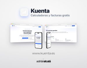 Diseño web de kuenta.es: dos pantallas de escritorio y dos móviles con el portal de calculadoras