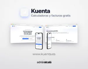 Diseño web de kuenta.es: dos pantallas de escritorio y dos móviles con el portal de calculadoras