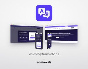 Diseño web de wptranslate.es: dos pantallas de escritorio y dos móviles con la web del plugin