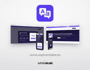 Diseño web de wptranslate.es: dos pantallas de escritorio y dos móviles con la web del plugin