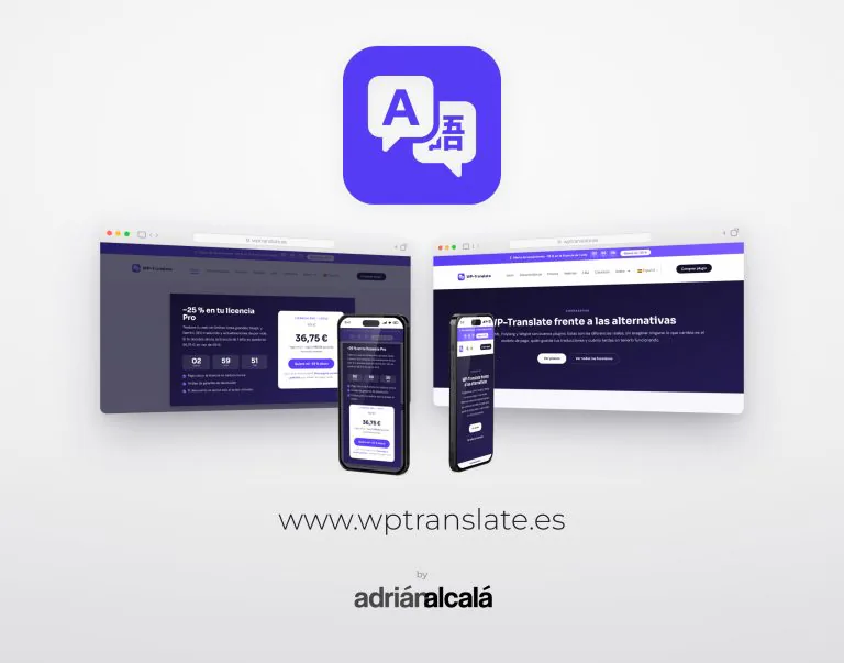 Webdesign von wptranslate.es: zwei Desktop-Bildschirme und zwei mobile Ansichten mit der Website des Plugins