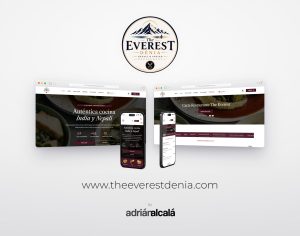 Diseño web de theeverestdenia.com: dos pantallas de escritorio y dos móviles con la web del restaurante