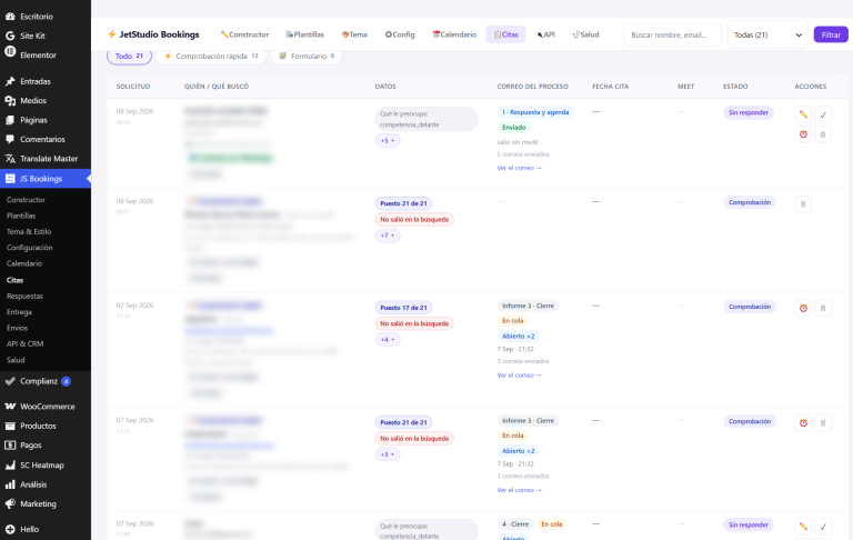 JetStudio Bookings — bandeja de solicitudes