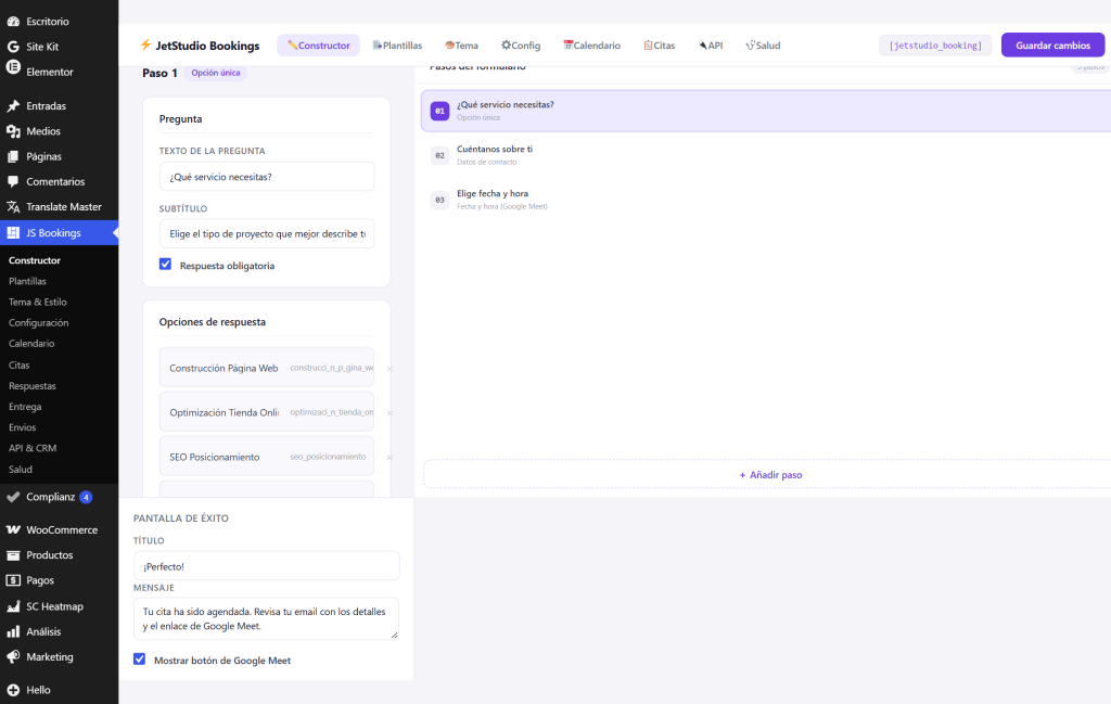 JetStudio Bookings — constructor visual de formularios