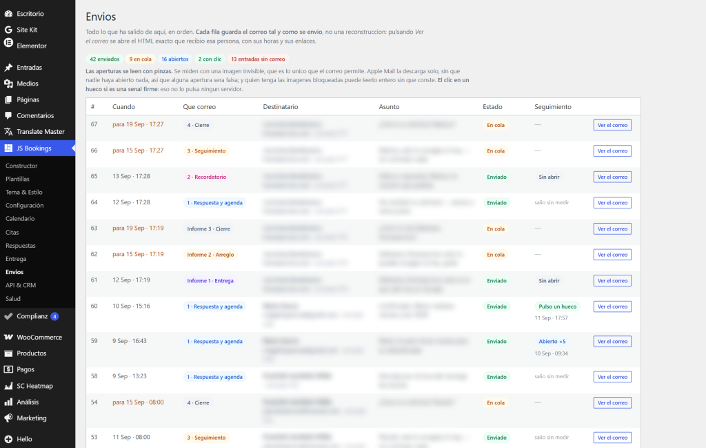 JetStudio Bookings — historial de envios