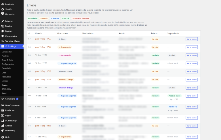 JetStudio Bookings — historial de envios
