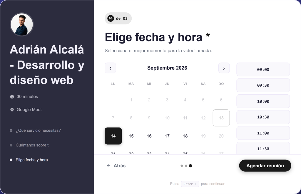 JetStudio Bookings — eleccion de fecha y hora