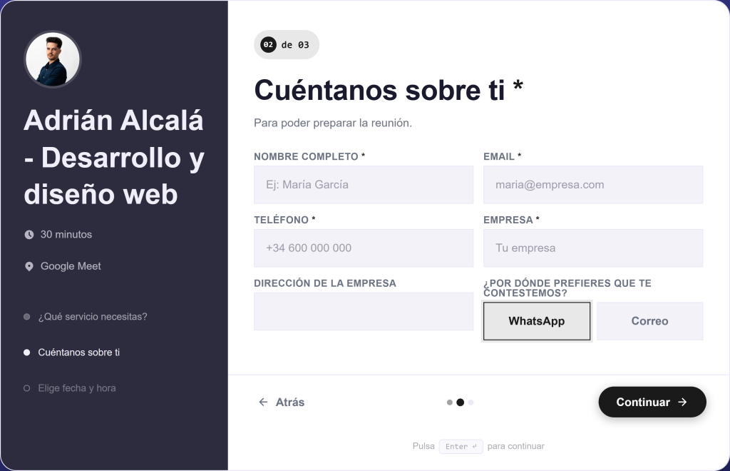 JetStudio Bookings — paso de datos de contacto