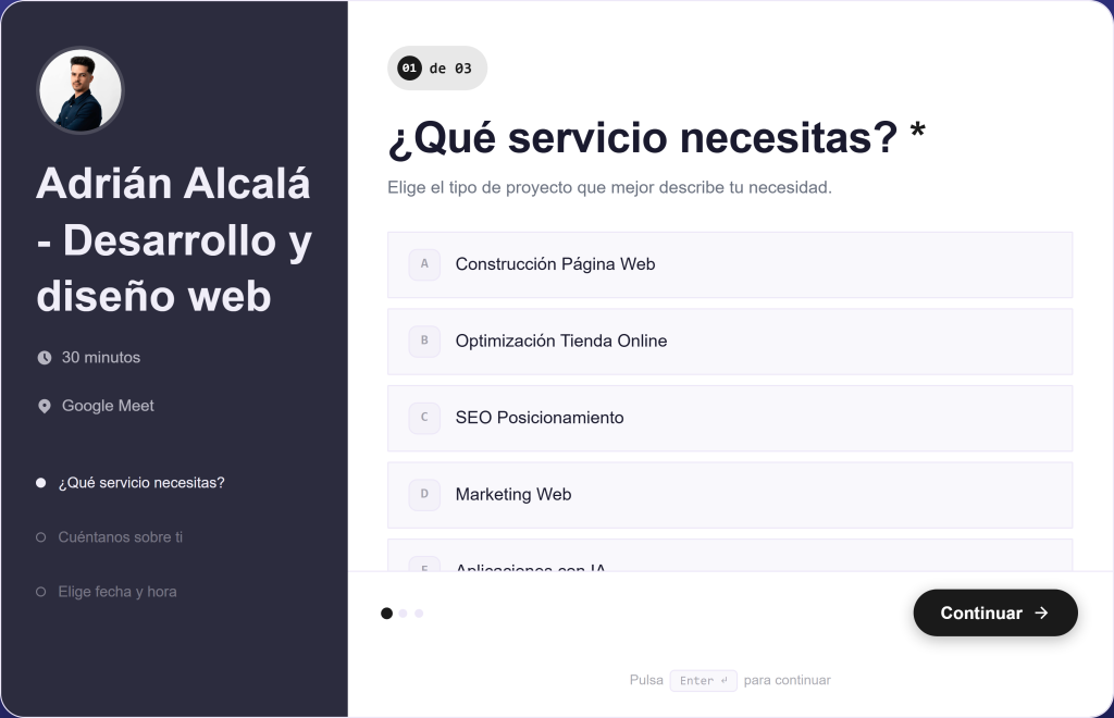 JetStudio Bookings — primer paso del formulario
