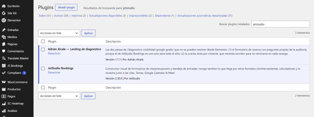 Instalacion: el plugin activo en WordPress