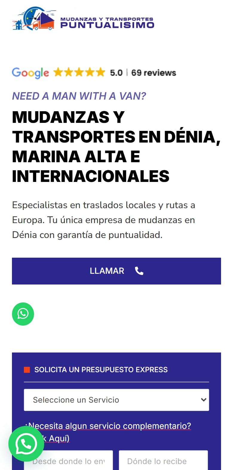 Primera pantalla de puntualisimo.com en un móvil: reseñas de Google, titular, botón de llamada, WhatsApp y formulario de presupuesto