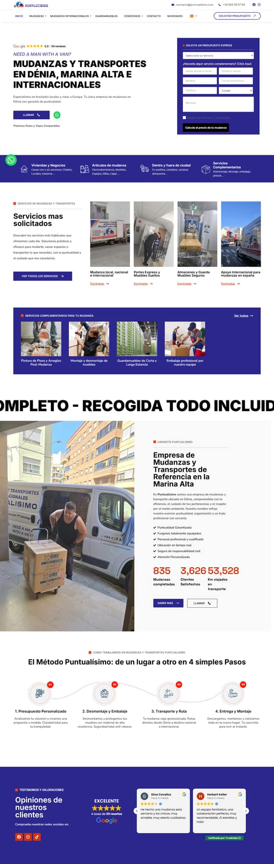 Página web de Puntualísimo, empresa de mudanzas, diseñada por Adrián Alcalá