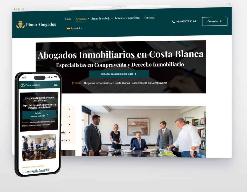 Real estate law page of pianoabogados.es on desktop and mobile, with the steps of a sale and purchase