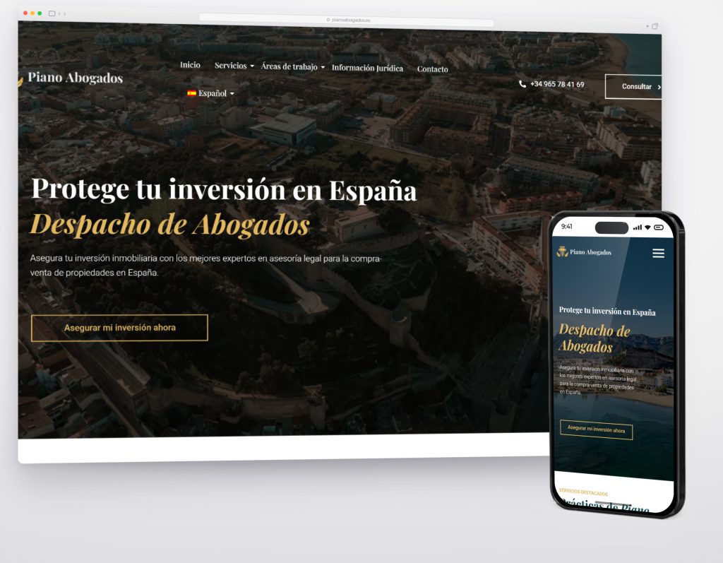 Homepage of pianoabogados.es on desktop and mobile, with the headline about protecting investment in Spain