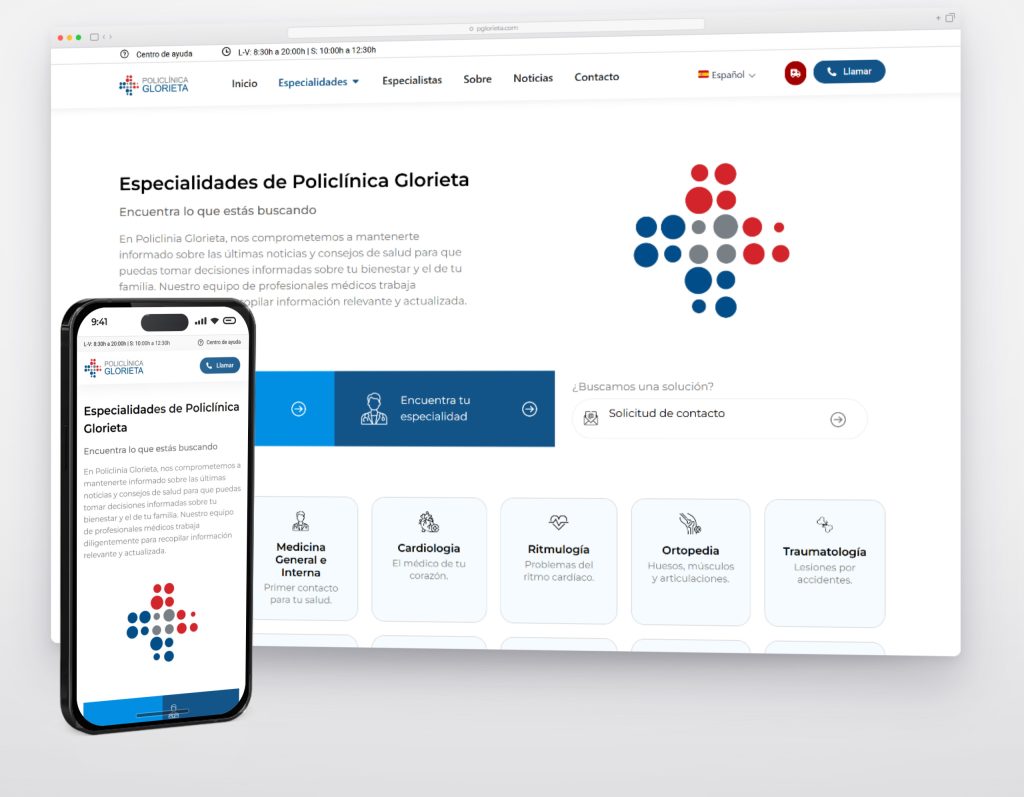 Página de especialidades de Policlínica Glorieta en escritorio y móvil, con el listado de especialidades médicas