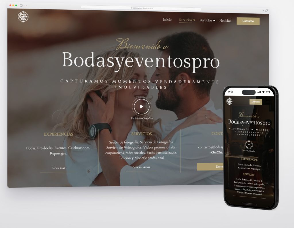 Inicio de bodasyeventospro.com en escritorio y móvil, con la presentación del estudio y los paquetes