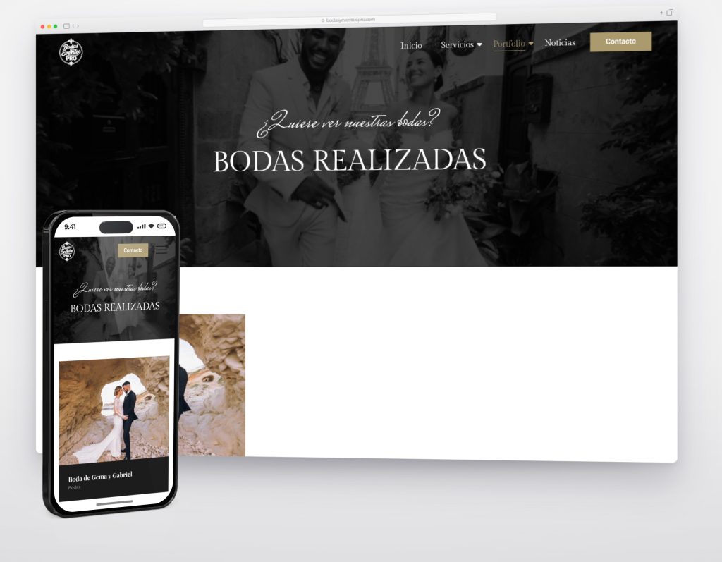 Página de bodas realizadas de bodasyeventospro.com en escritorio y móvil, con el portfolio de trabajos