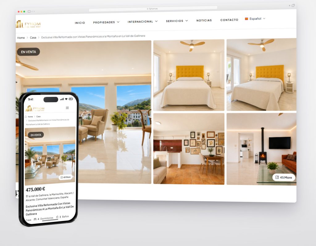 Ficha de una vivienda en fyhom.es en escritorio y móvil, con la galería de fotos y el precio