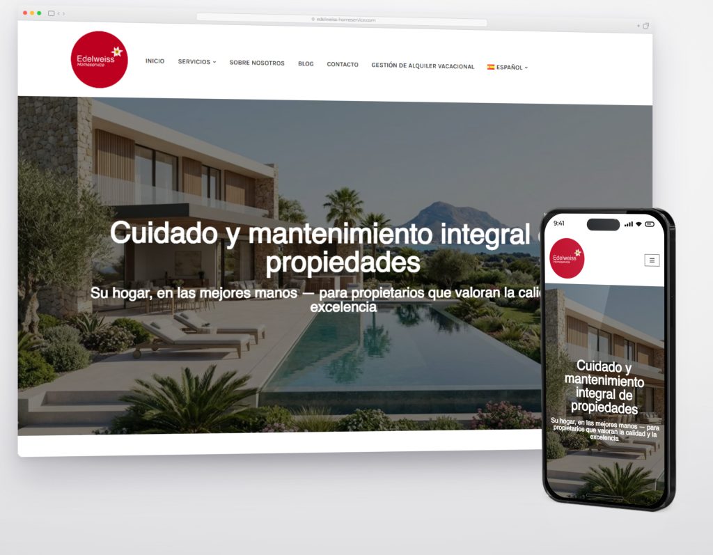 Inicio de edelweiss-homeservice.com en escritorio y móvil, con los servicios de la empresa