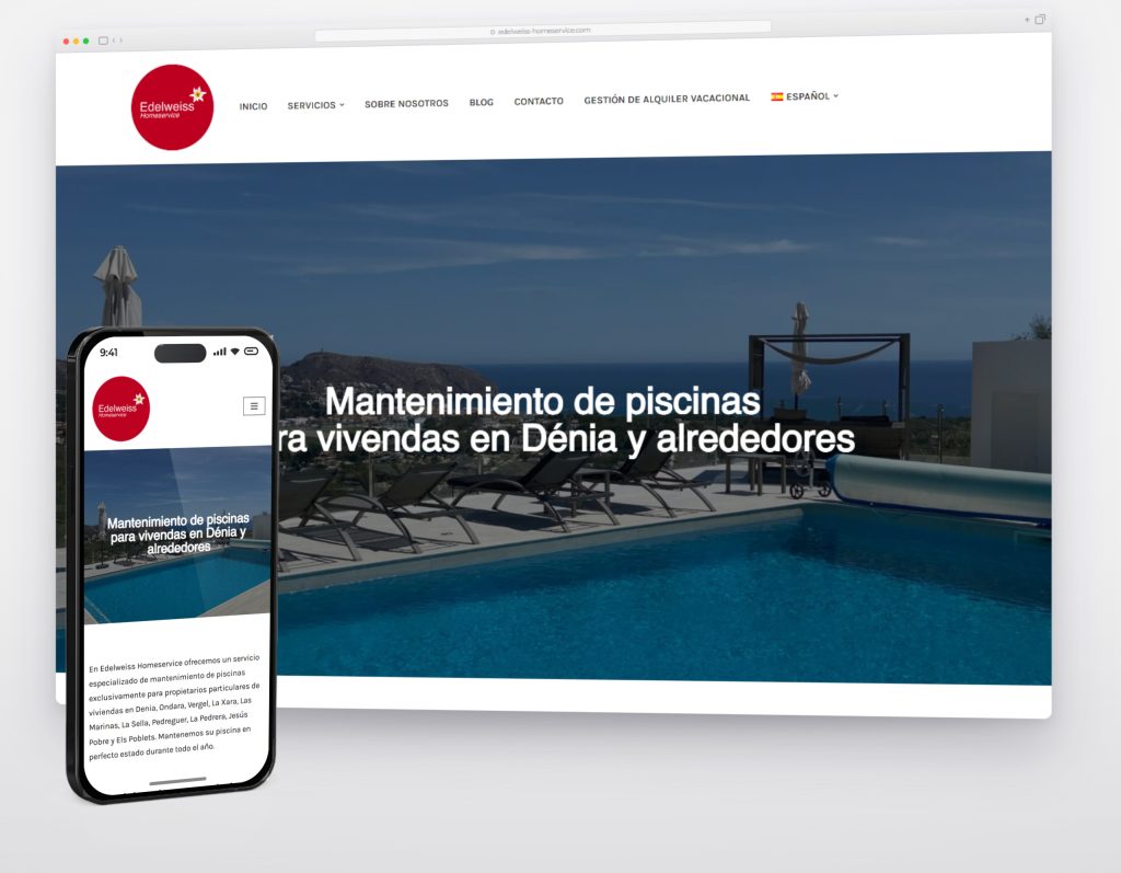 Página de mantenimiento de piscinas de edelweiss-homeservice.com en escritorio y móvil