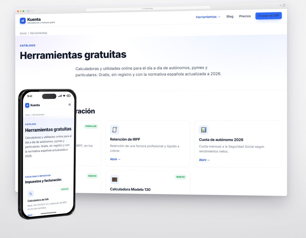 Catálogo de herramientas de kuenta.es en escritorio y móvil, con las calculadoras por categoría
