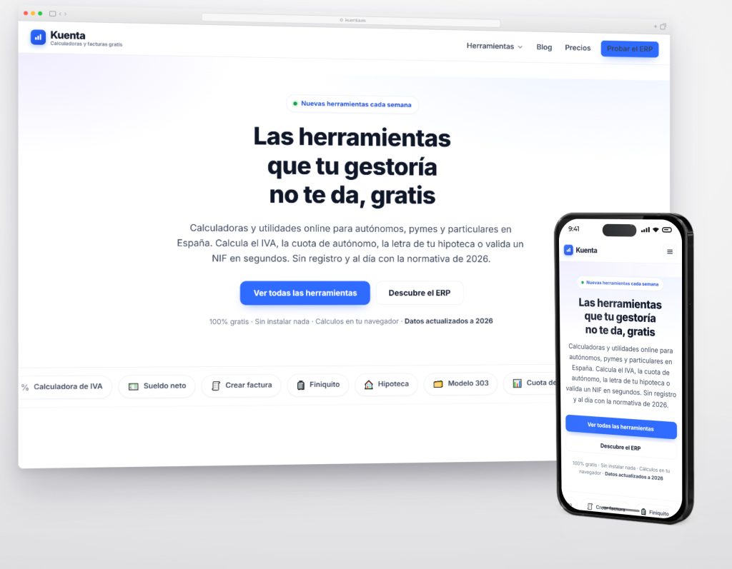 Inicio de kuenta.es en escritorio y móvil, con el listado de calculadoras gratuitas