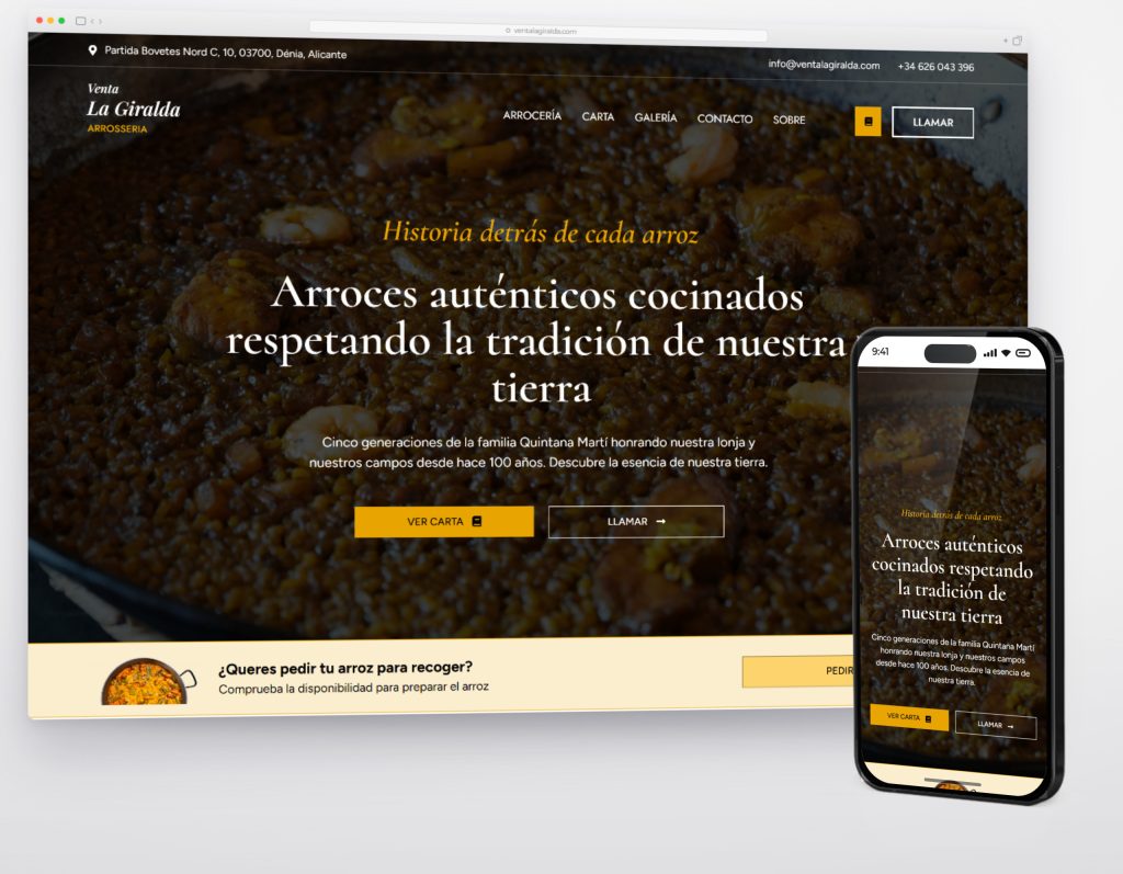 Inicio de ventalagiralda.com en escritorio y móvil, con la presentación de la arrocería