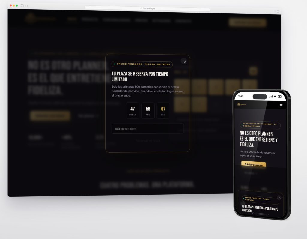 Inicio de barberking.es en escritorio y móvil, con la presentación del software para barberías