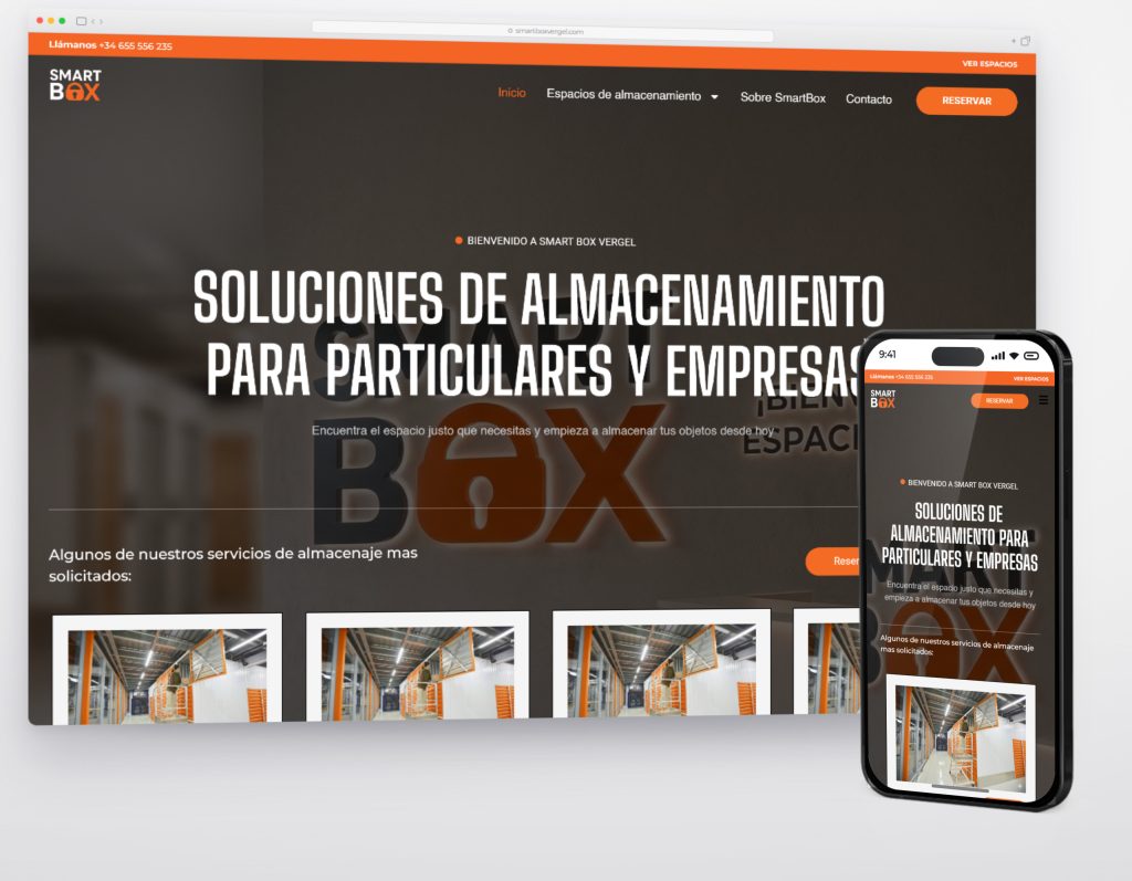 Inicio de smartboxvergel.com en escritorio y móvil, con la presentación de los trasteros